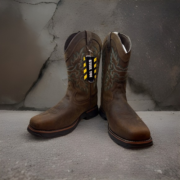 NWB Brazos Boots Bandero 2.0 Leather Embroidered Steel Toe Western Work - 9.5B